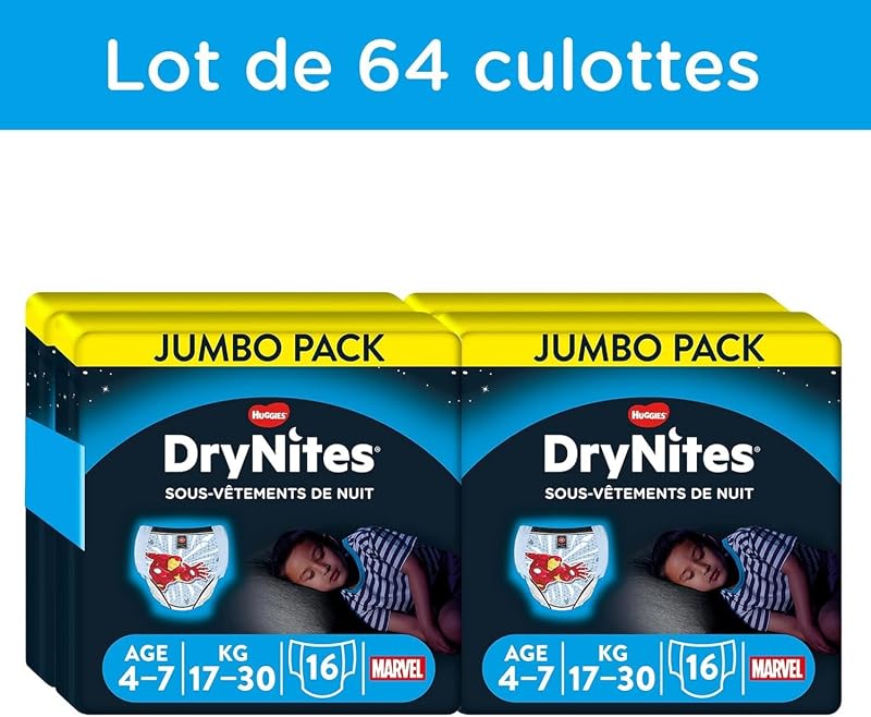 Drynites 4-7 ans Garçon (17-30kg) - Sous-Vêtements de Nuit Absorbants pour Enfants qui Font Pipi au Lit - x64 Culottes (Lot de 4 Paquets de 16)