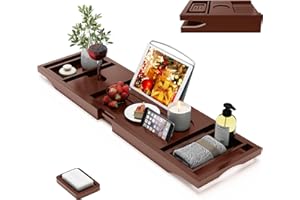 BAMBUROBA Foldable Bamboo Bathtub Caddy Tray Expandable for Luxury Bath, Bath Accessories & Table with Wine Glass Holder, Book Stand Bathroom Organizer with Extending Sides for Men/Women,Brown