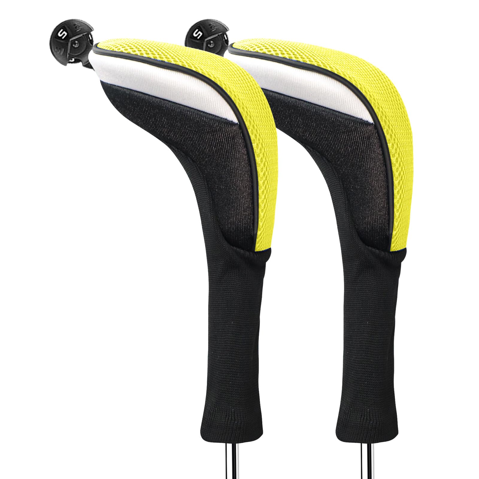 FINGER TEN Golf Club Head Covers Woods Hybrids Long Cover, Headcovers with Interchangeable No. Tags Fit All Hybrids Wood Clubs Light Durable (Yellow-2 Pack Hybrid Covers)