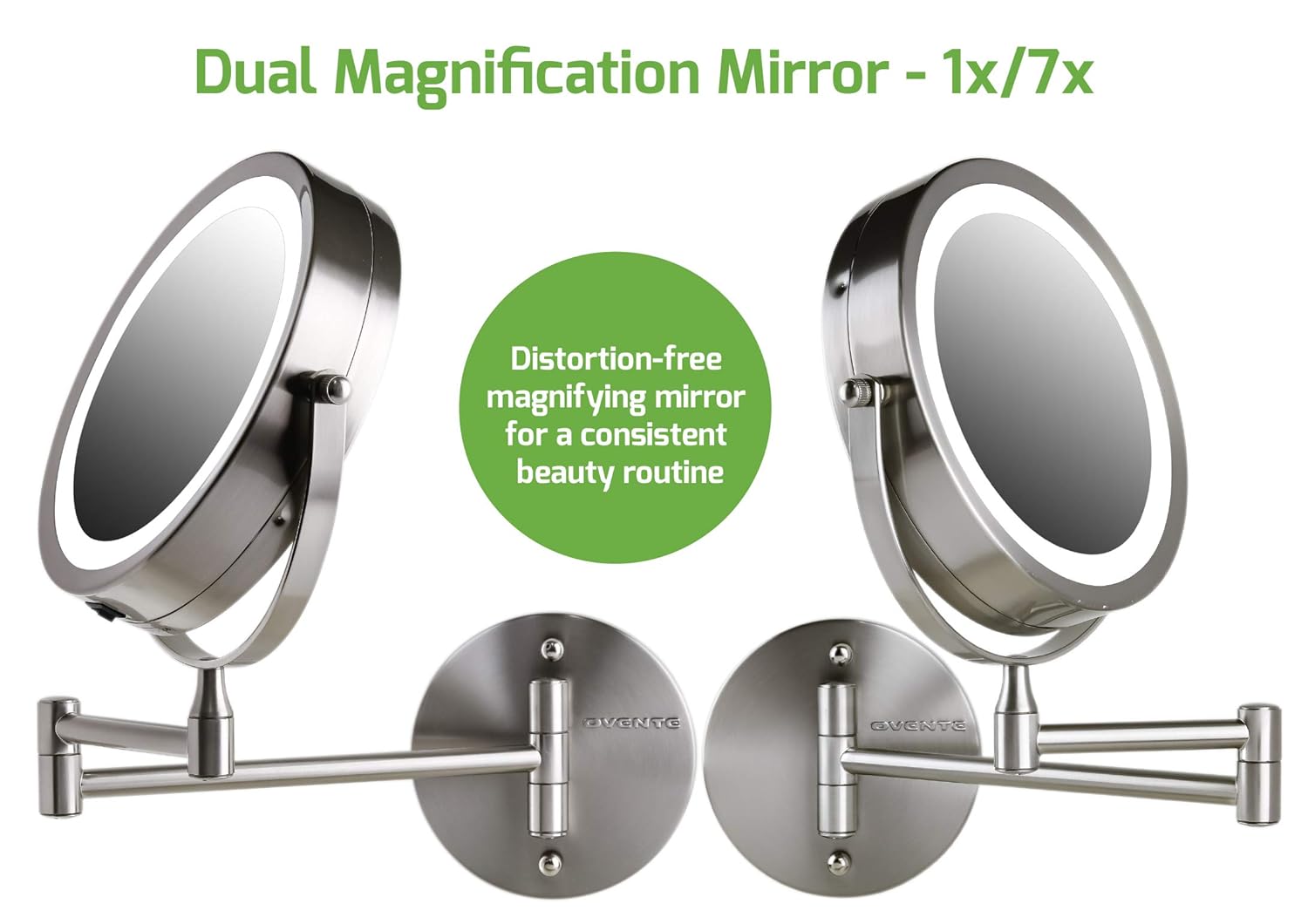 OVENTE Wall Mounted Double Sided 180 extendable arm Vanity Makeup Mirror 7 Inch 1X with Full View 7X Magnification and LED Light, 360 Rotation, 4 AAA Battery Operated Nickel Brushed MFW70BR1X7X : Beauty