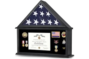 Sboitflmm Large Burial Flag Display Case - American Solid Wood Military Shadow Box With Tempered Glass and Certificate Holder, Fits 5' X 9.5' Folded Flag, Black Finish