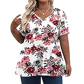 Tencede Womens Plus Size Tops Short Sleeve Tunic Shirts V Neck Summer Floral Loose Fit Blouse XL-5X