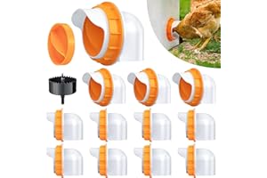DSTANA Chicken Feeder No Waste 12 Ports, Automatic 4 inch Poultry Feeder with 12 Covers & 1 Hole Saw, Rain Proof Gravity DIY Chicken Feeders Kit for Buckets, Barrels, Bins (Orange)