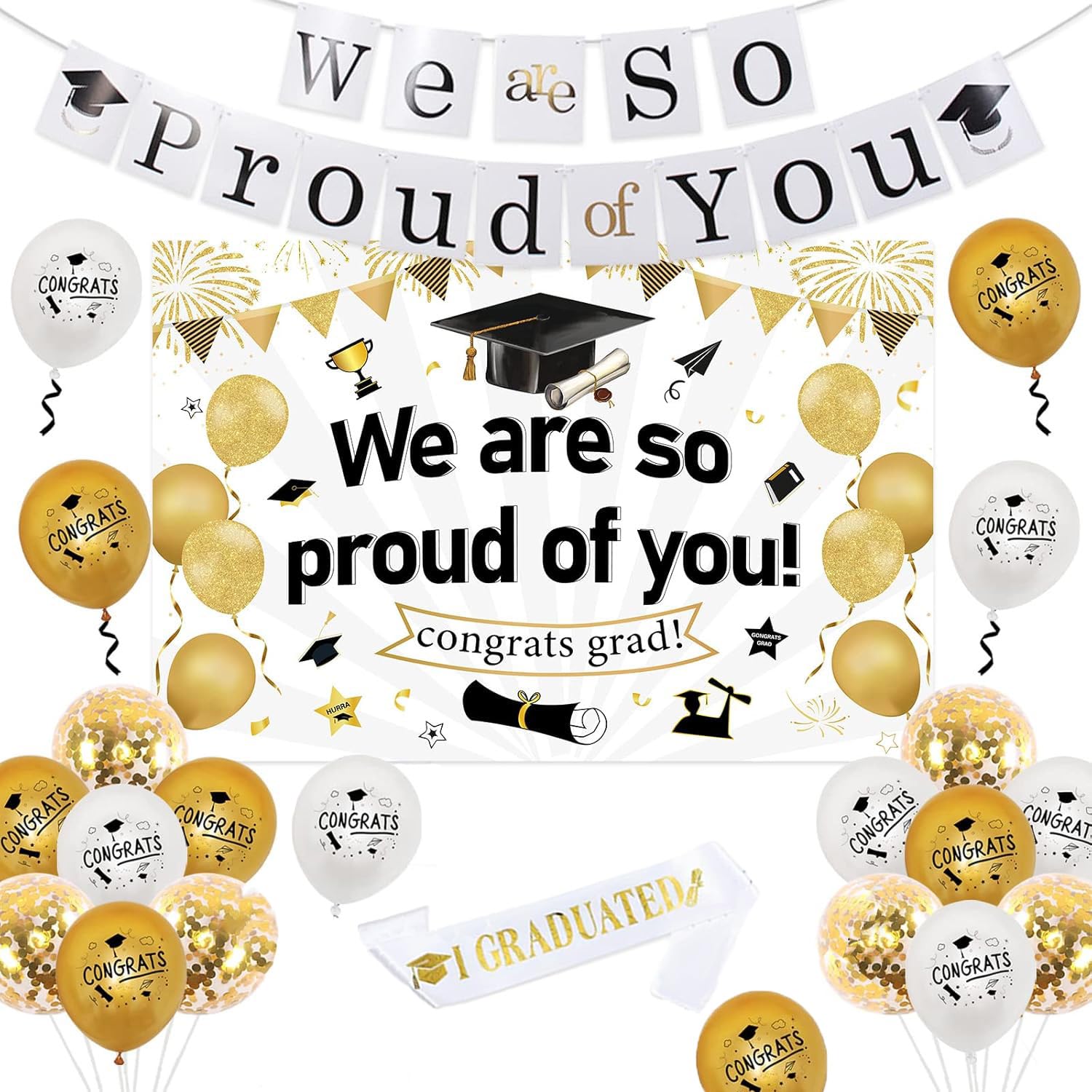 Sursurprise Graduation Decorations 2025, White Gold We Are So Proud of You Backdrop Banner, Congrats Balloons , I Graduated Sash, School Leavers Props, Congratulations Graduation Party supplies