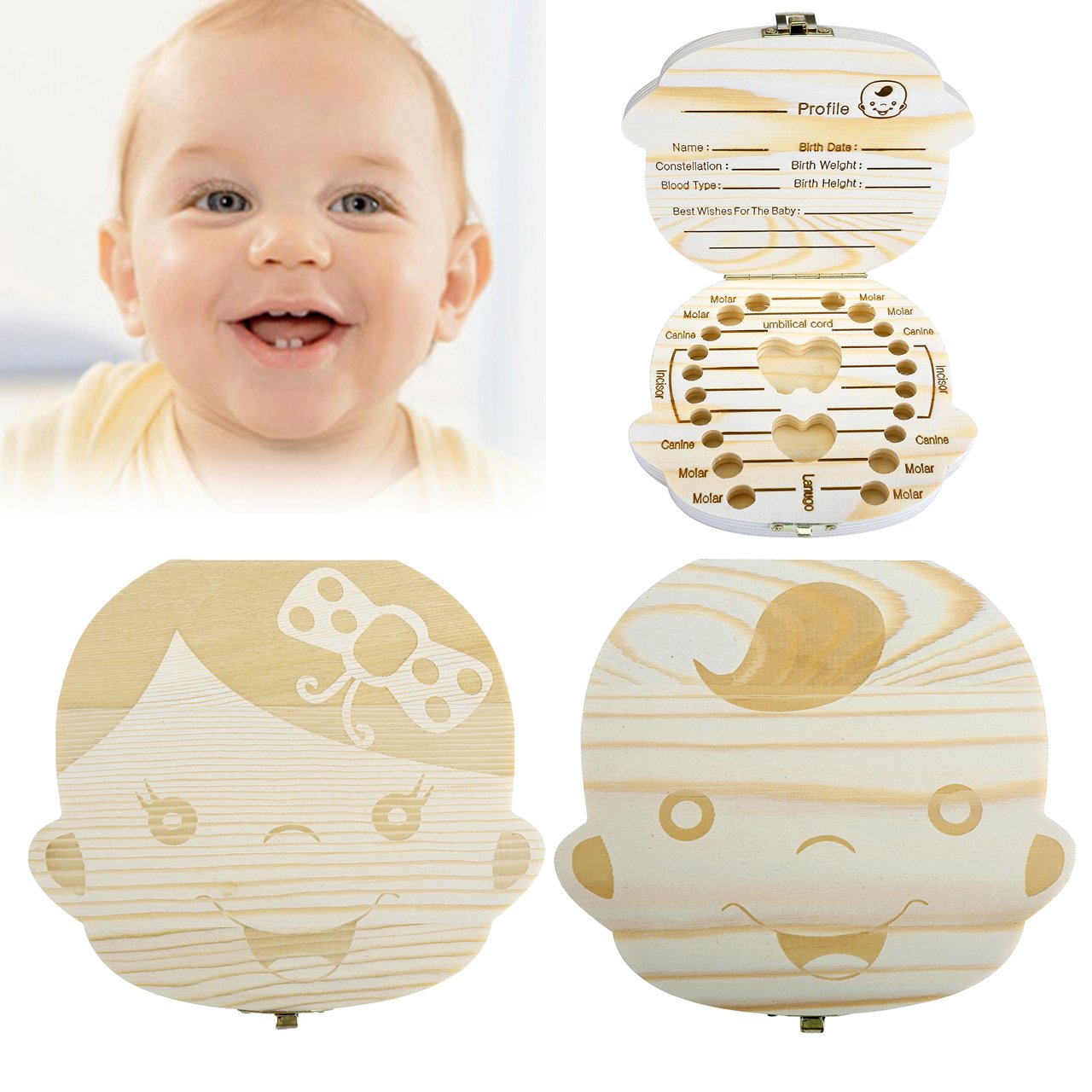 Baby Teeth Box, Yoption Child Milk Teeth Save Wooden Keepsake Souvenir Box, Customize Personalized Baby Tooth Box for Kids Boy&Girl (English, Boy)