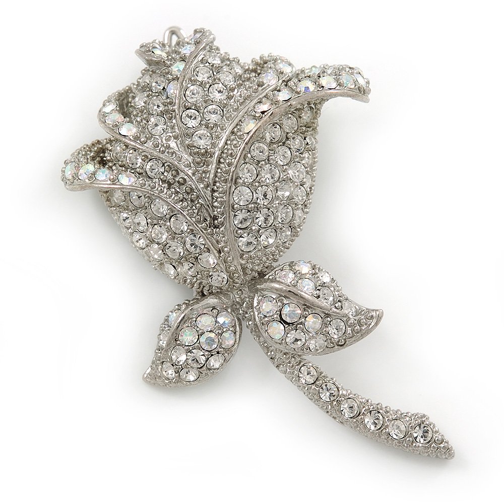 Clear Austrian Crystal Rose Hair Slide/Grip In Silver Tone Metal - 50mm Across