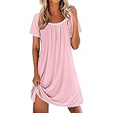 Ekouaer Cotton Nightgowns for Women Lace Trim Sleep Shirts Short Sleeve Night Shirts Sleep Dress with Pockets