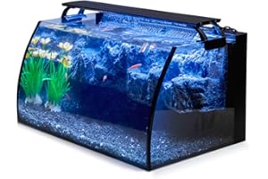 hygger Horizon 8 Gallon LED Glass Aquarium Kit for Starters with 7W Power Filter Pump, 18W Colored led Light, Wide View Curved Shape Fish Tank with Undetachable 3D Rockery Background Decor