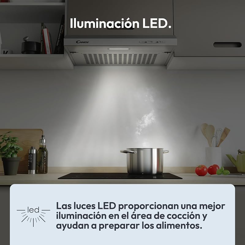 Exaustor candy cft610/5s/1, fixado na parede, 60 cm, 3 níveis de potência, 209m3/h, filtros de carbono, painel de alumínio antigordura, iluminação led, 71 db, classe c, aço inoxidável, cinzento