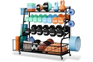 SKYPELIA Dumbbell Rack Weight Stand - 4-Tier Adjustable Weight Rack for Dumbbells, Home Gym Storage Rack for Yoga Mat Foam Roller Kettlebells, Workout Equipment Storage Organizer With Wheels and Hooks