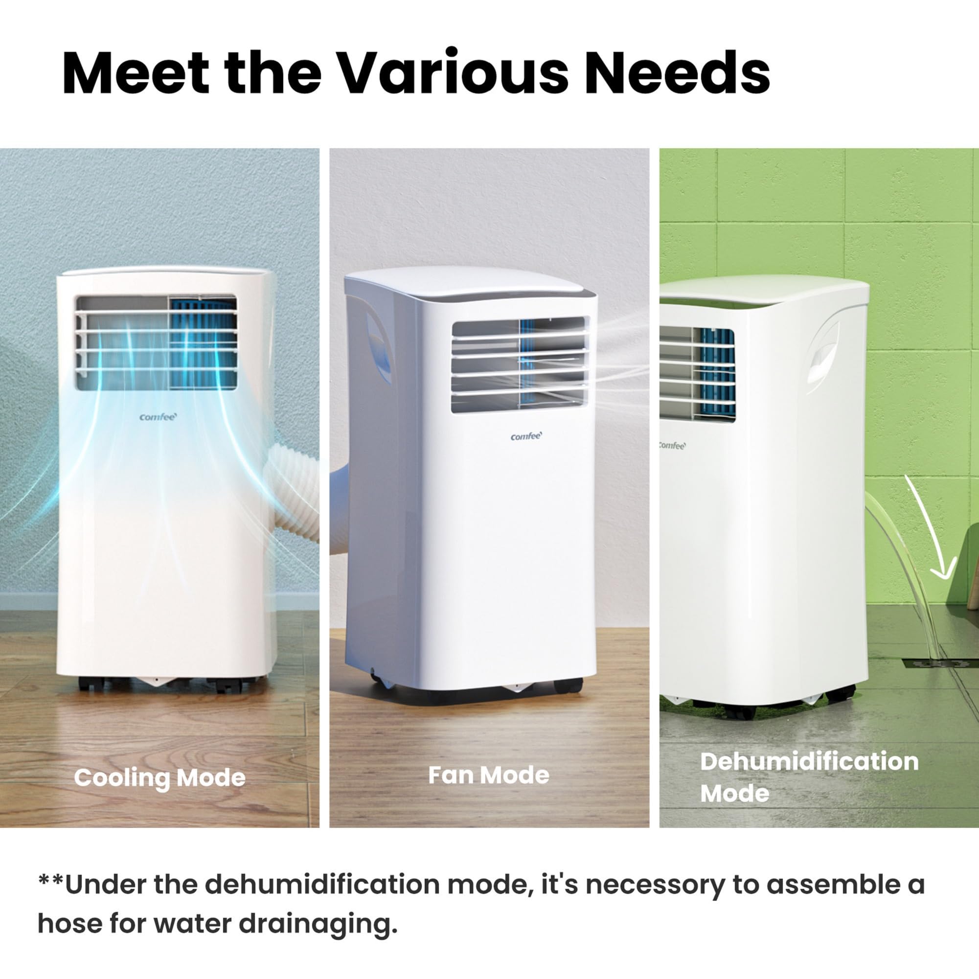 Comfee Mobiles Klimagerät MPPH-09CRN7, 3-in-1 Klimaanlage mit Abluftschlauch, Kühlen&Entfeuchten&Ventilieren, 9000 BTU, 2.6kW, für Räume ca. 80m³(31㎡), EEK A 5