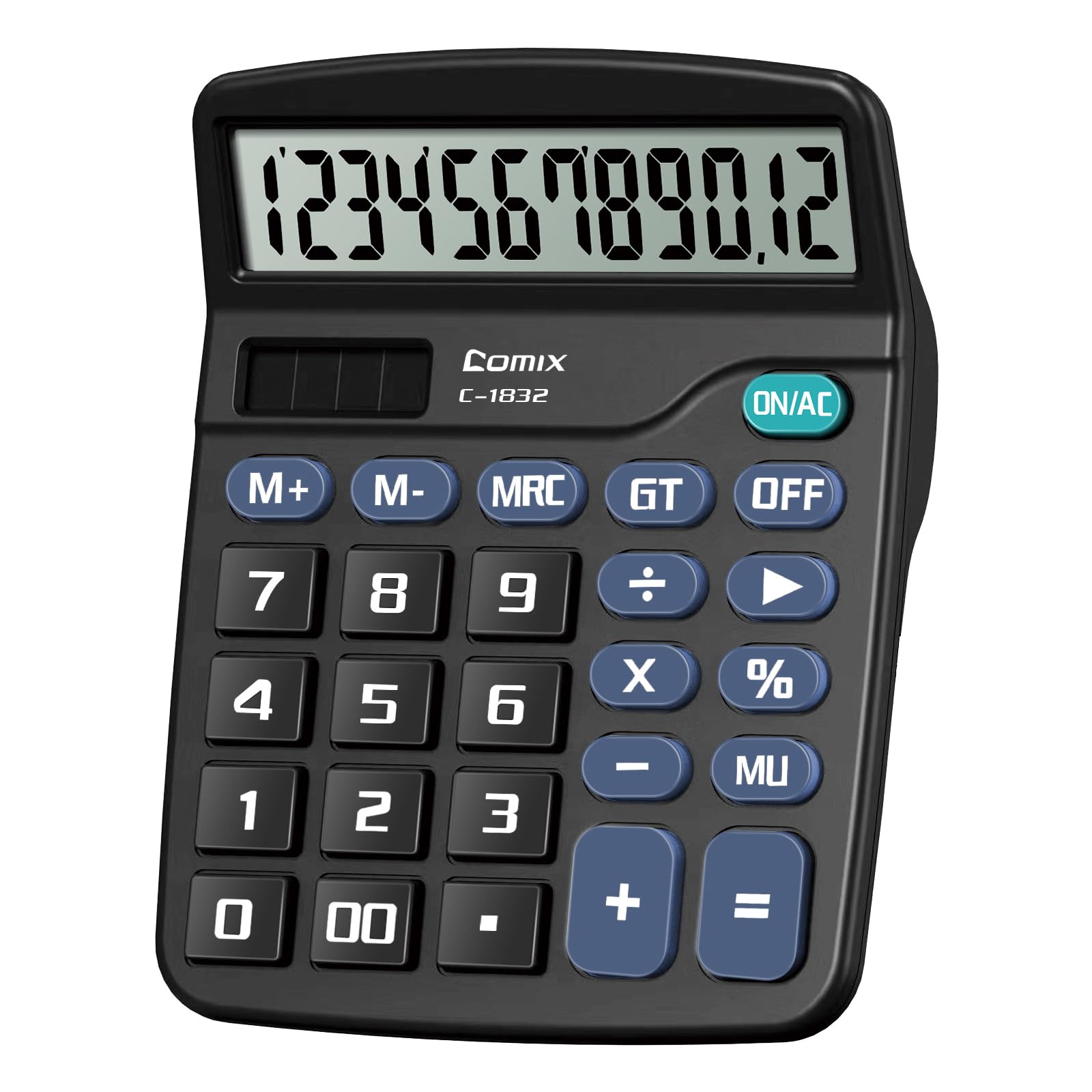 Comix Desktop Calculator 12 Digit with Large LCD Display and Big Button, 12 Digits Baisc Calculator, Solar Battery Dual Powered, for Office Home School C-1832 (Black)