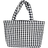 Joyhey 1 Pc Plaid Small Canvas Tote Bag, Grocery Shopping Bag, Beach Bag 7.9" x 12.6"