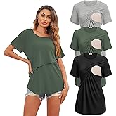 Ekouaer Women's Maternity Shirts Short Sleeves Nursing Tops 3 Pack Double Laye Breastfeeding Tees Pregnancy Clothes S-XXL