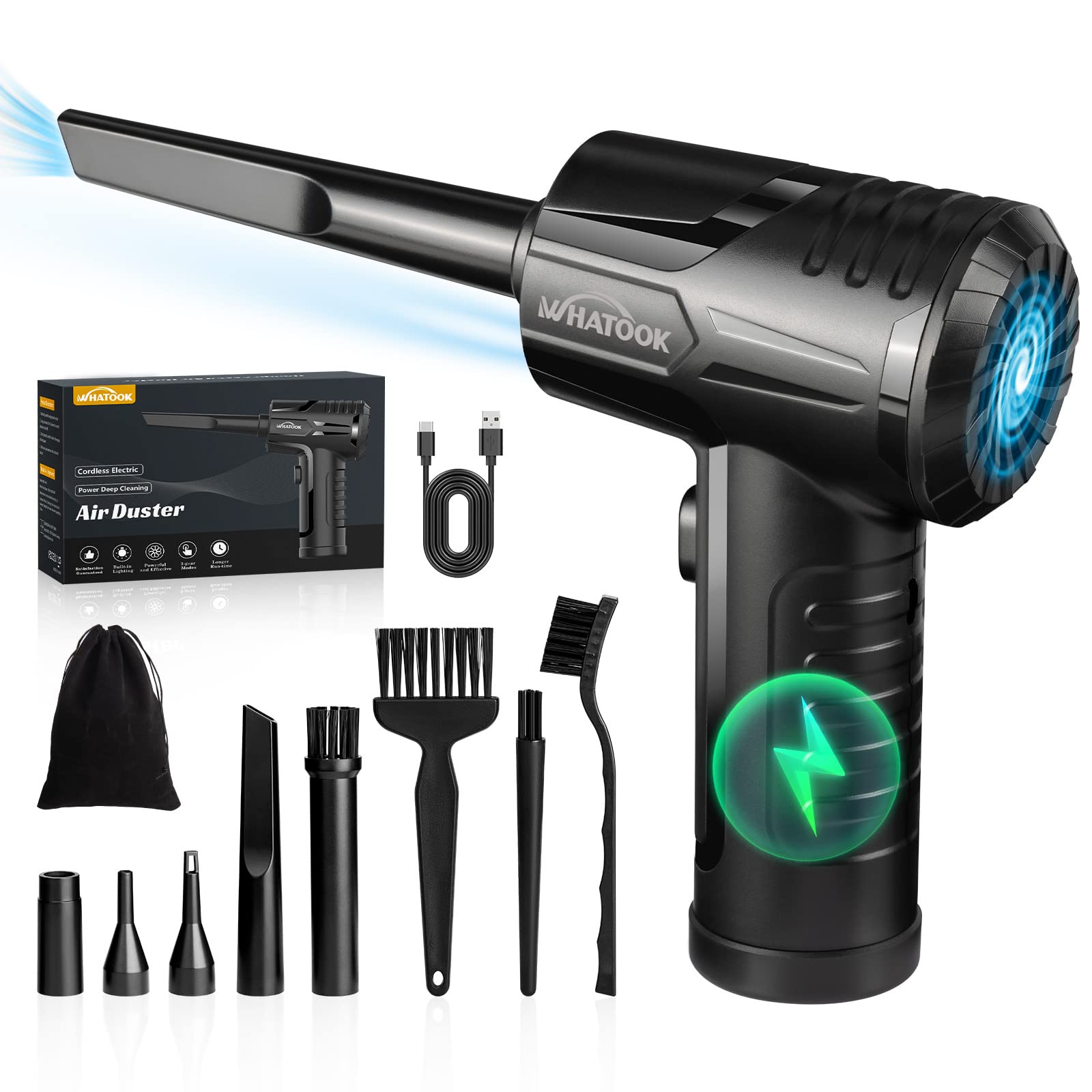 WHATOOK W02 Pro Elektrisches Staubgebläse – 100 M/s, 100-stufig, 12000mAh Akku, Kabellos, Für PC, Tastatur, Auto & Co