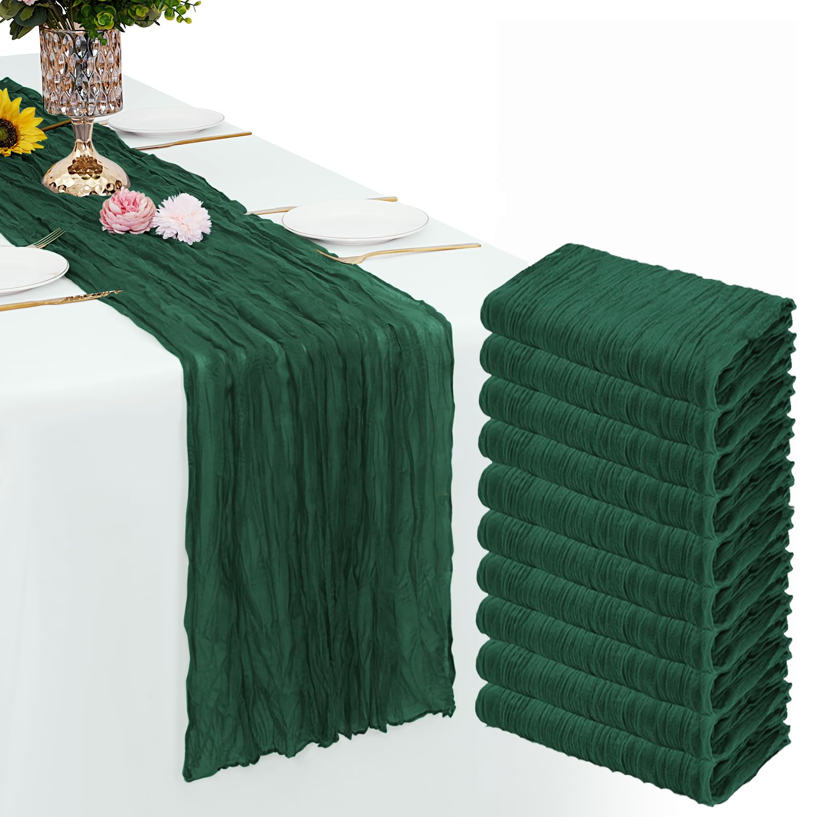 Photo 1 of 10 Pack Emerald Green Cheesecloth Table Runner Gauze Rustic Sheer 35 x 70 inch Dark Green Cheese Cloth Table Runners for Wedding Party Bridal Shower Decor