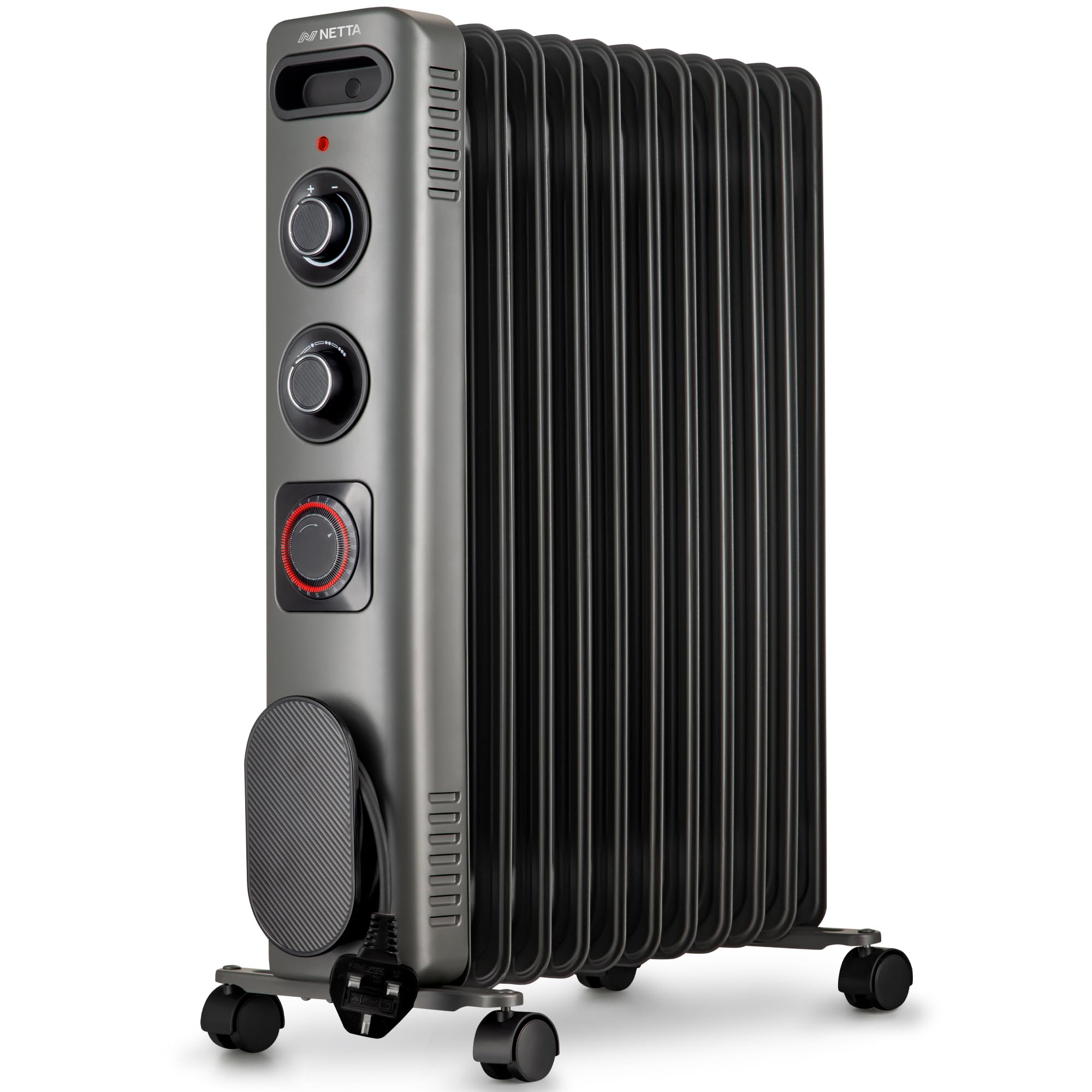 NETTA Oil Filled Radiator 2500W Portable Electric Heater with Thermostat & 24 Hour Timer 2 Power Settings Home Office Energy Efficiency – 11 Fin, Grey — image 1