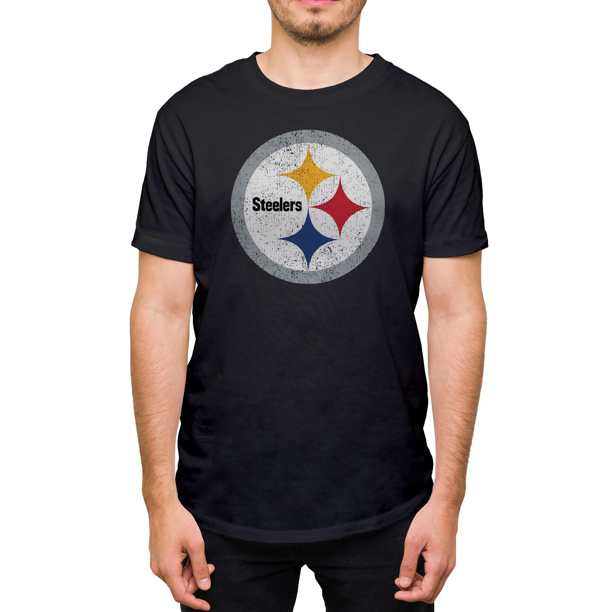 Hybrid Sports NFL - Pittsburgh Steelers - Distressed Team Logo - Men's and Women's Short Sleeve T-Shirt - Size Medium - Pittsburgh Steelers - Black Image