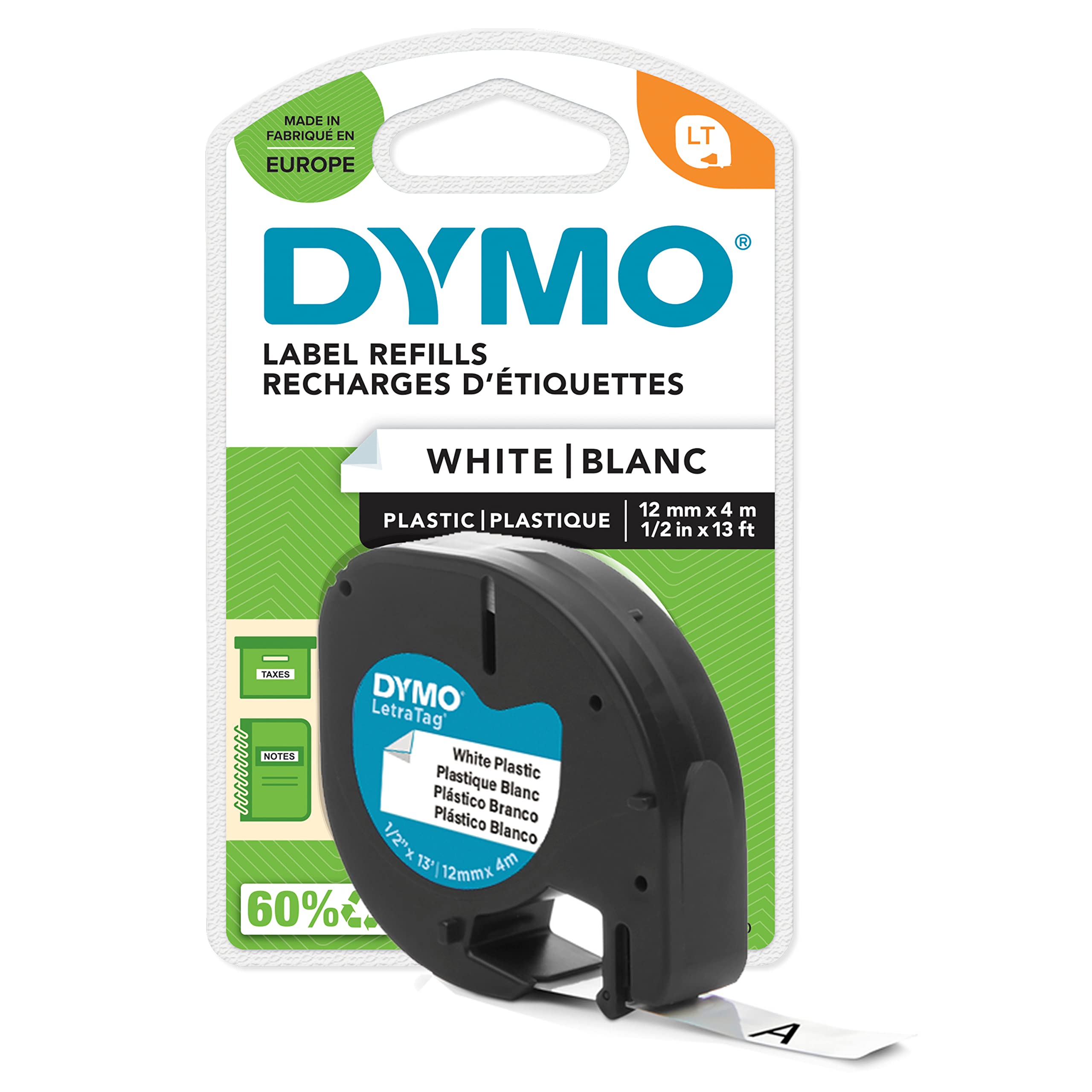 DYMO Original LetraTag Etikettenband| schwarz auf weiß | 12 mm x 4 m | selbstklebendes Kunststoff Schriftband | für LetraTag-Beschriftungsgerät