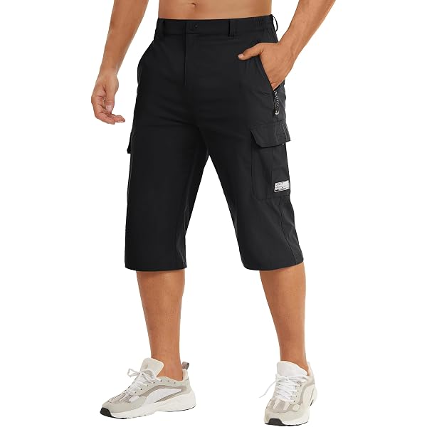 FUKZTE Men's Cotton Linen Shorts - Below Knee Capri Length, Loose Fit, Elastic Drawstring Waist - Black - View #11