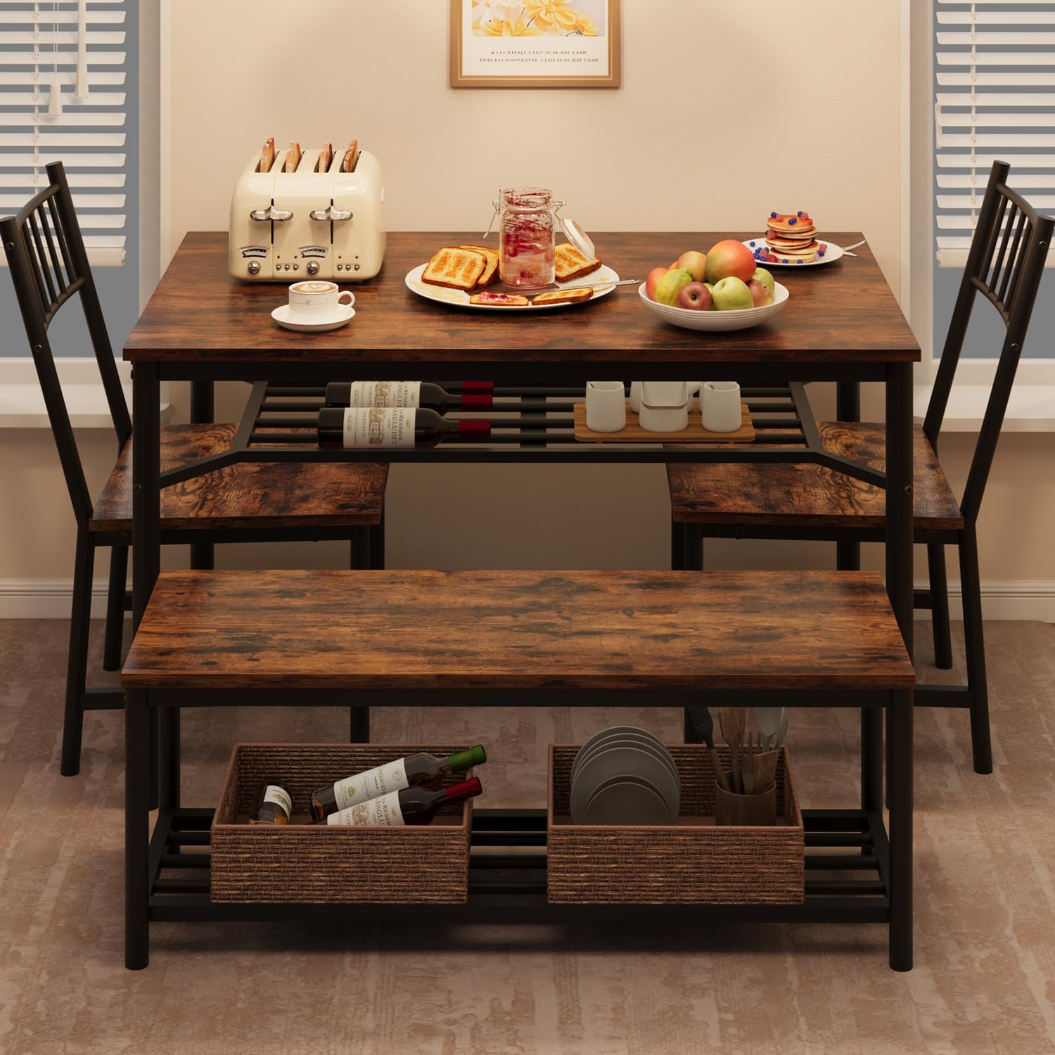 Photo 1 of ***MISSING PARTS*** GarveeHome Dining Table Set for 4, Kitchen Table and Chairs for 4 with Wine Rack, Room Dining Table Set with Storage Benches, Rectangular Kitchen Table Set for Small Space, Apartment, Retro Brown