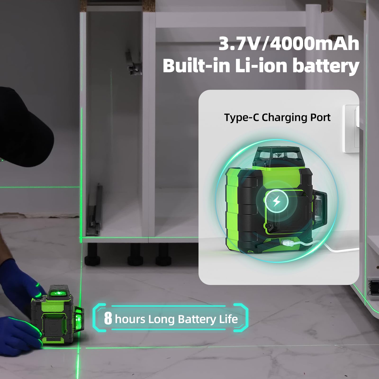 Huepar 3x360° Kreuzlinienlaser mit 127 cm Stativ, Laser Wasserwaage Nivelliergerät Selbstnivellierend mit Pulsmodus, Für Innen- und Außenbereich, Grün Linienlaser Für Bauprojekte und Renovierung 2