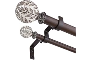 WOLISTSA Double Curtain Rod 84 to 120 Inch, Boho Wood Long Dual Curtain Rods for Windows, 1" Adjustable Heavy Duty Rustic Spliced Drapery Rods with Decorative Handmade Walnut Wood Grain Leaf Finials