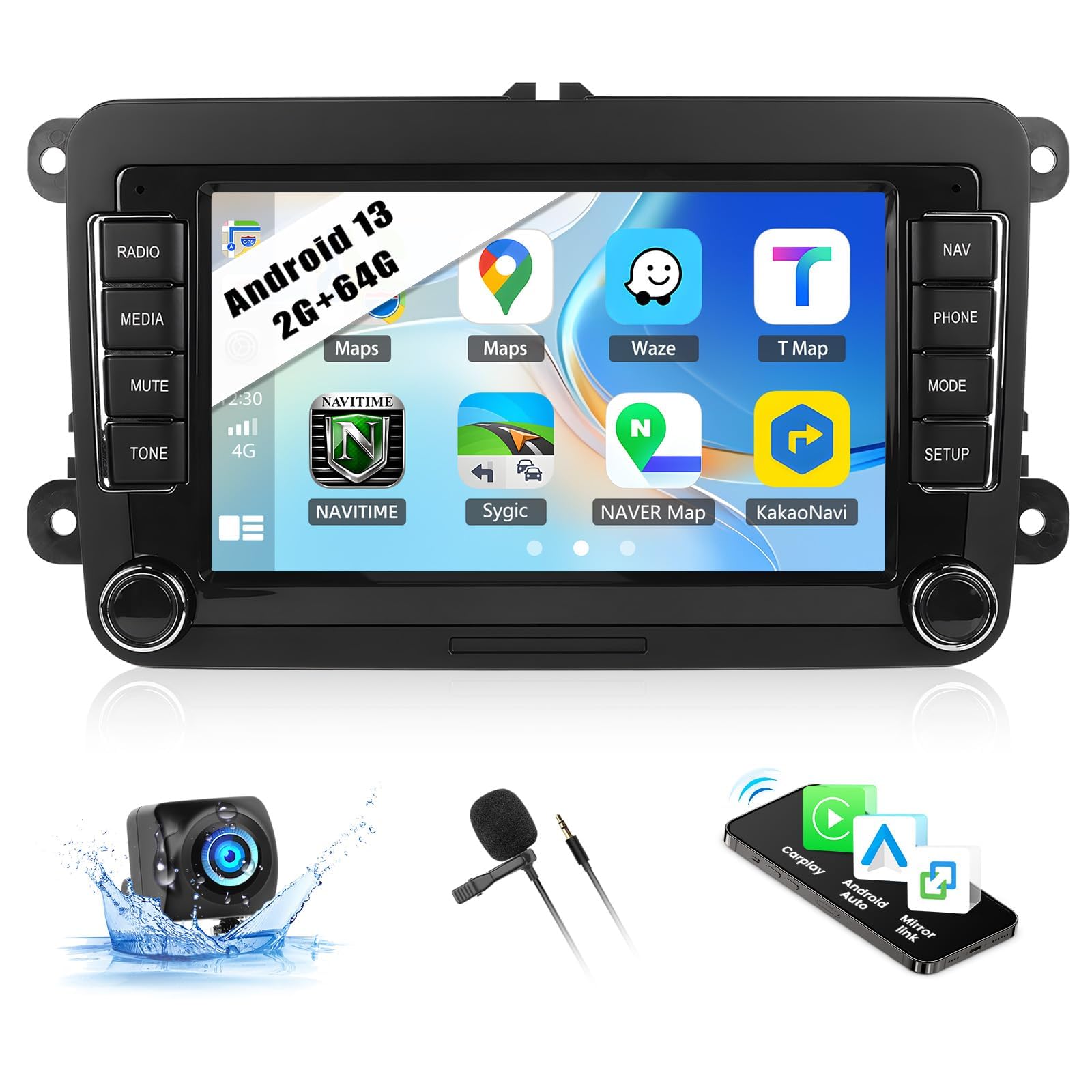 CAMECHO 2G+64G Android 13 Car Radio for VW Passat Jetta Golf Polo Tiguan Seat Skoda Caddy 7 Inch TouchScreen Carplay Android Auto Stereo Sat Nav GPS WiFi Bluetooth Mirror Link FM/RDS SWC+ AHD Camera