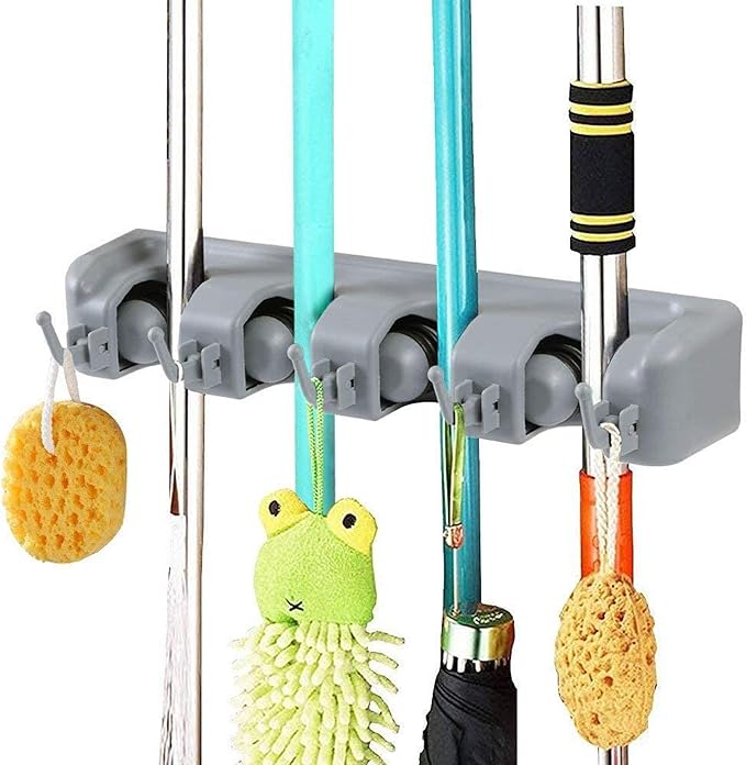 Inovera (Label) 4 Slot Wall Mounted Mop and Broom Holder Stand Storage Organizer with 5 Hooks
