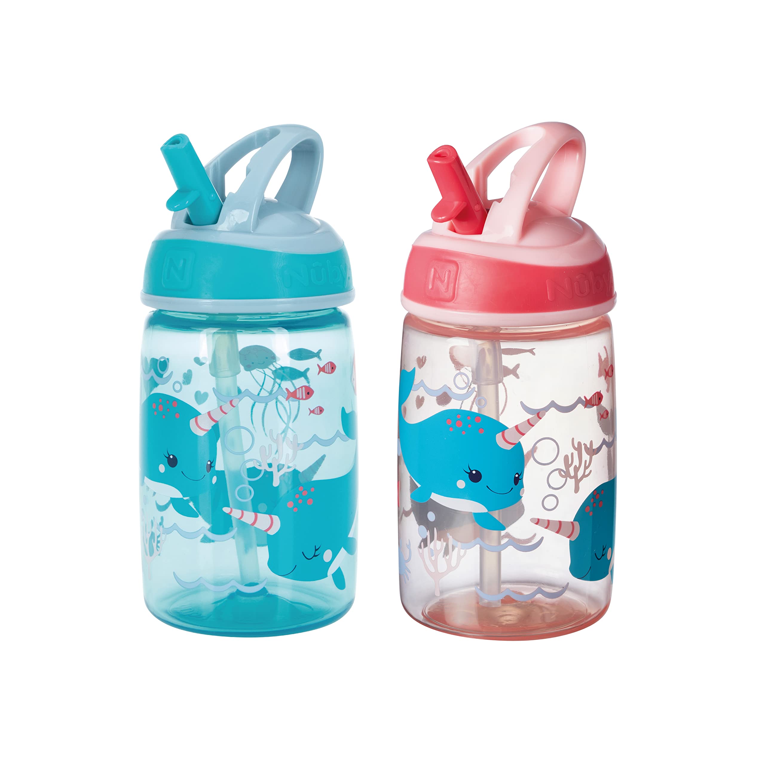Nuby Mighty Swig Water Bottle - No Spill Active Toddler Sippy Cup | 360 ml / 12 oz | Carry Handle | Dishwasher and Microwave Safe | Suitable Beaker for 18 Months Plus (Under The Sea, Pack of 2)