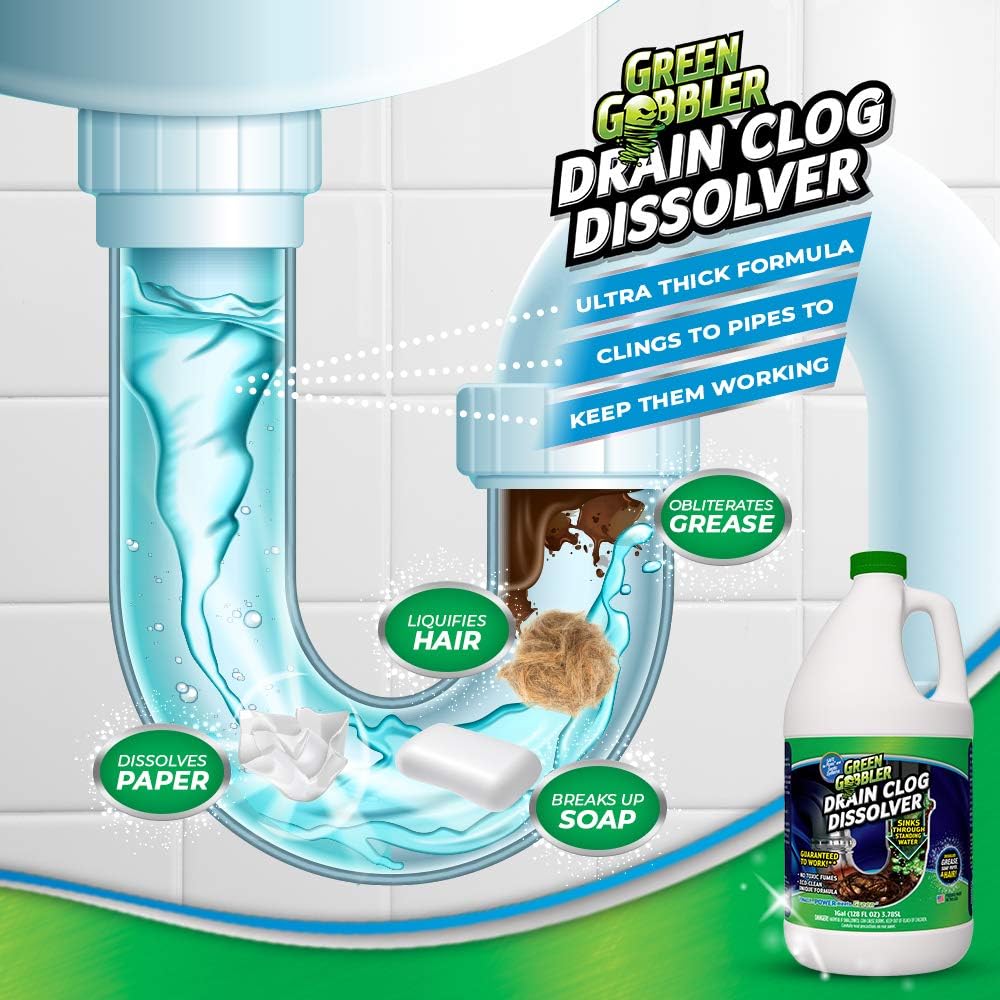 Liquid Clog Remover By Green Gobbler - Drain, Toilet Clog Remover, DISSOLVE Hair & Grease From Clogged Toilets, Sinks And Drains - Drain Cleaner, Works Within Minutes - 1 Gallon: Garden & Outdoor