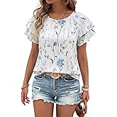BLENCOT Women Blouses Layered Sleeve Fashion Crewneck Floral Printed Boho Loose Summer Tops