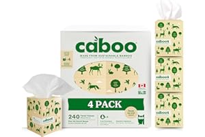 Caboo Tree Free Facial Tissues, 3 Ply Natural Tissue Paper, Pack of 4, Hypoallergenic Tissue Boxes, 60 Tissues Per Box, 240 T
