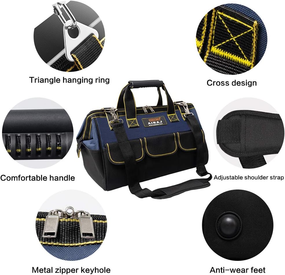 AIRAJ 18 inch Tool Bag Large Capacity Tool Organizer with Adjustable Shoulder Strap Zip-Top Opened Fabric Tool Bag for Men, Gift MINI Parts Box - - 