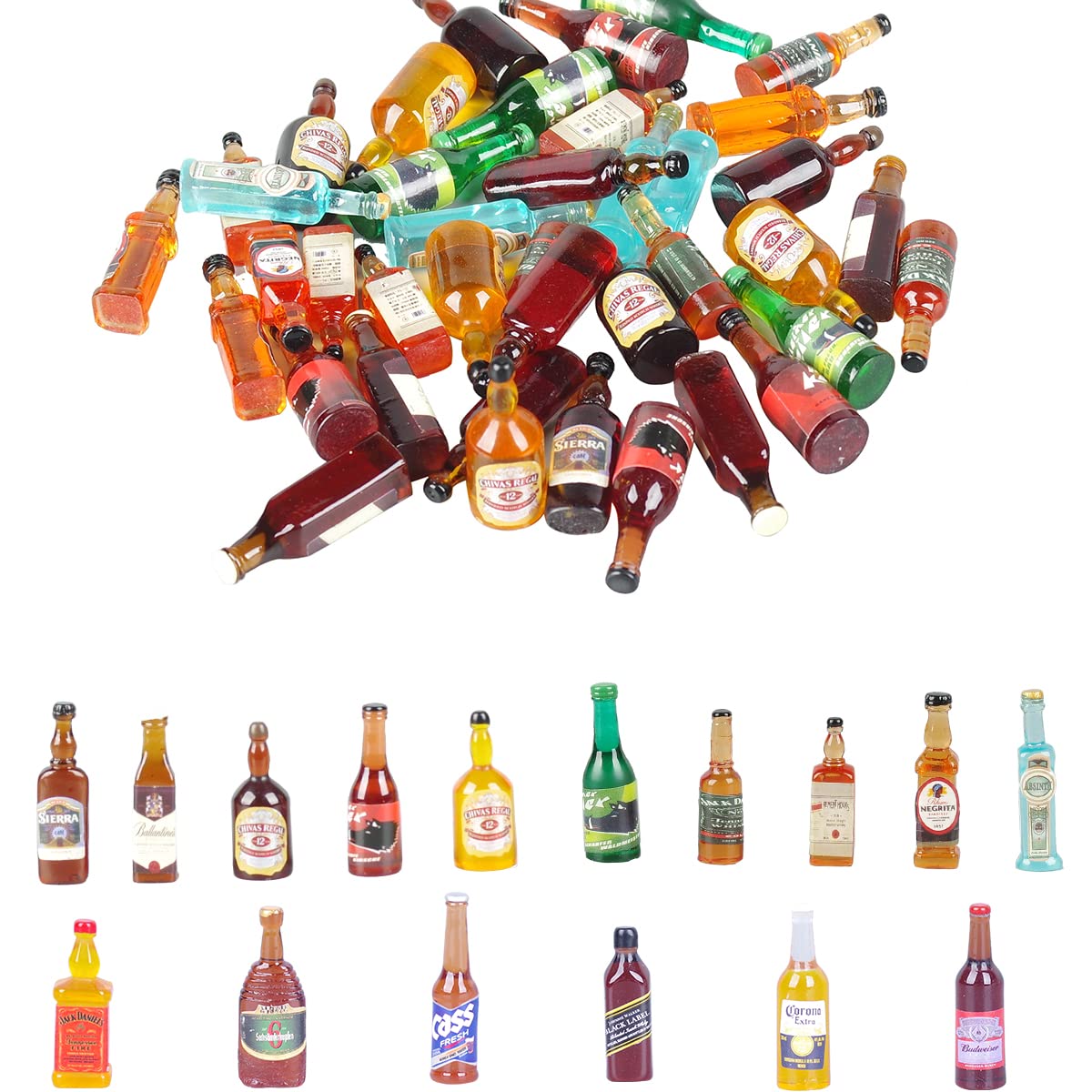 40pcs Miniature Mini Fake Beer Bottles Toys, Mixed Wine Drinks Decoration Beer Glass Model, Beer Can Beer Bottle Models for Fairy Garden Pub Bar Dolls House Tableware Decoration