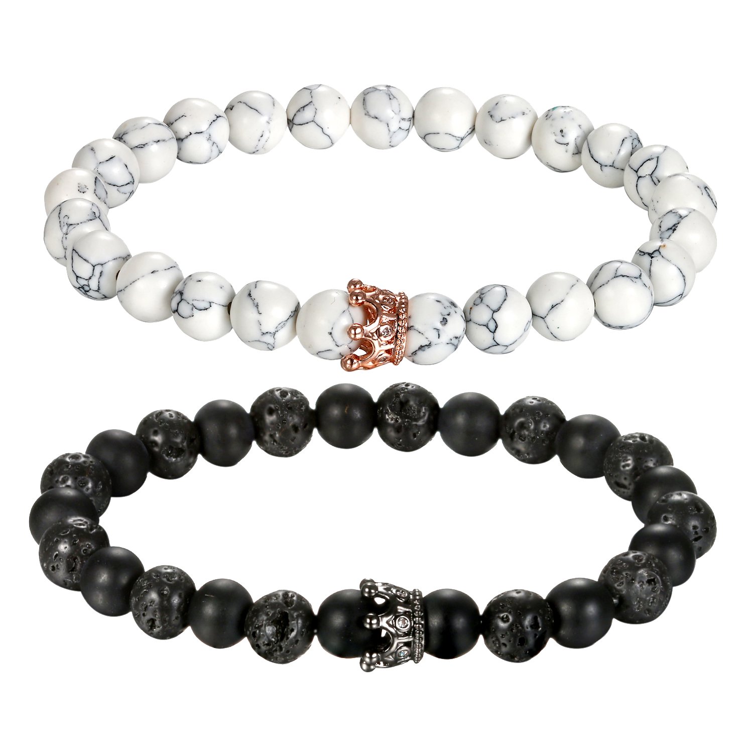 Cupimatch Couple Black Matte Agate & White Howlite CZ Crown Queen 8mm Beads Bracelet, His and Her Couple Bracelets 7.5"
