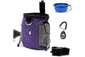 AYEVISION Dog Treat Pouch Bag with Dog Bowl, Pet Training Clicker Puppy Dog Training Snack Bag Built-in Poop Bag Dispenser Zipper Pocket w Adjustable Waist Belt Pouch Hand-Free for Dog Walking Training (Purple)