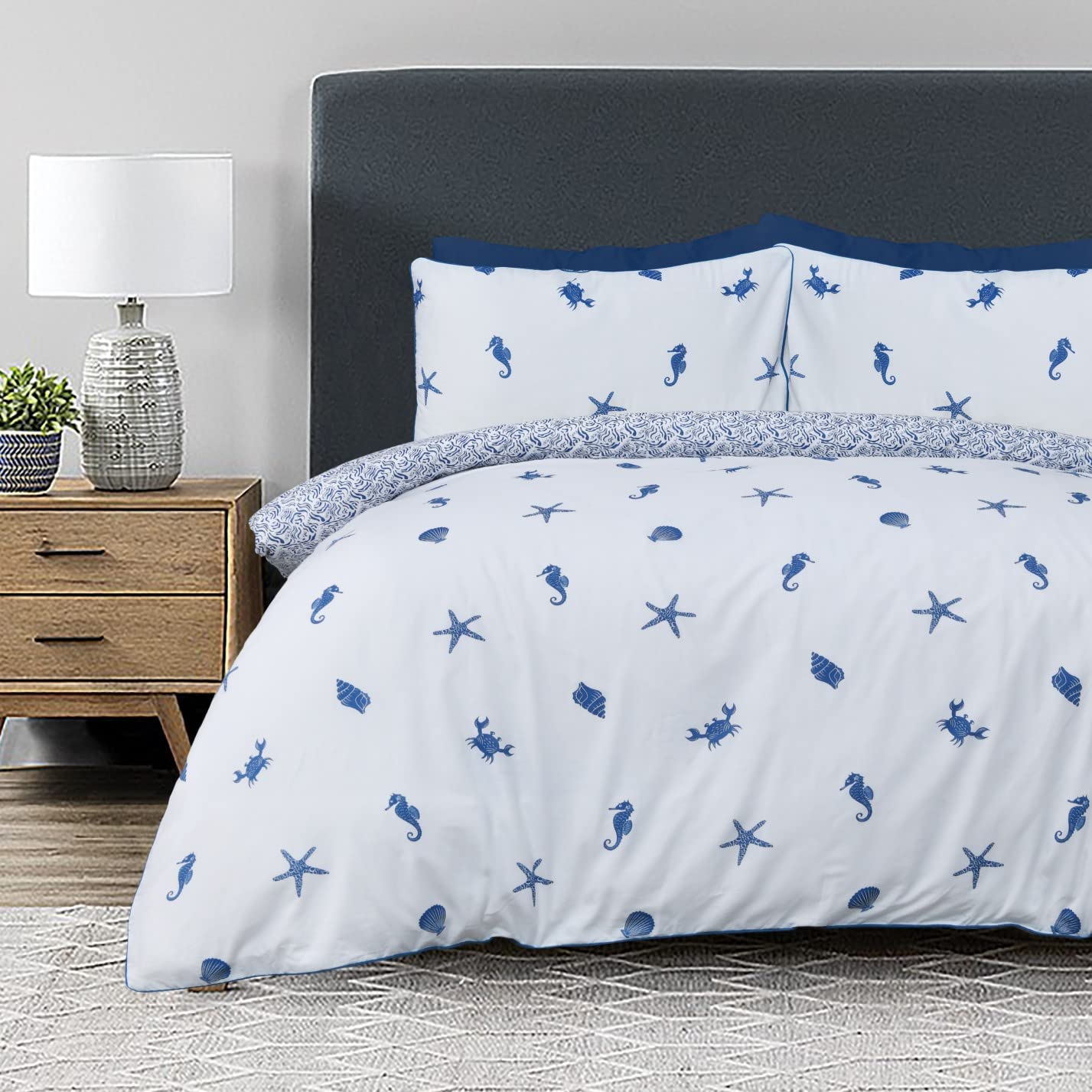 Sleepdown Sea Shore Nautical Waves White Blue Reversible Duvet Cover Quilt Pillow Cases Bedding Set Pipe Edge Soft Easy Care - Super King (220cm x 260cm)