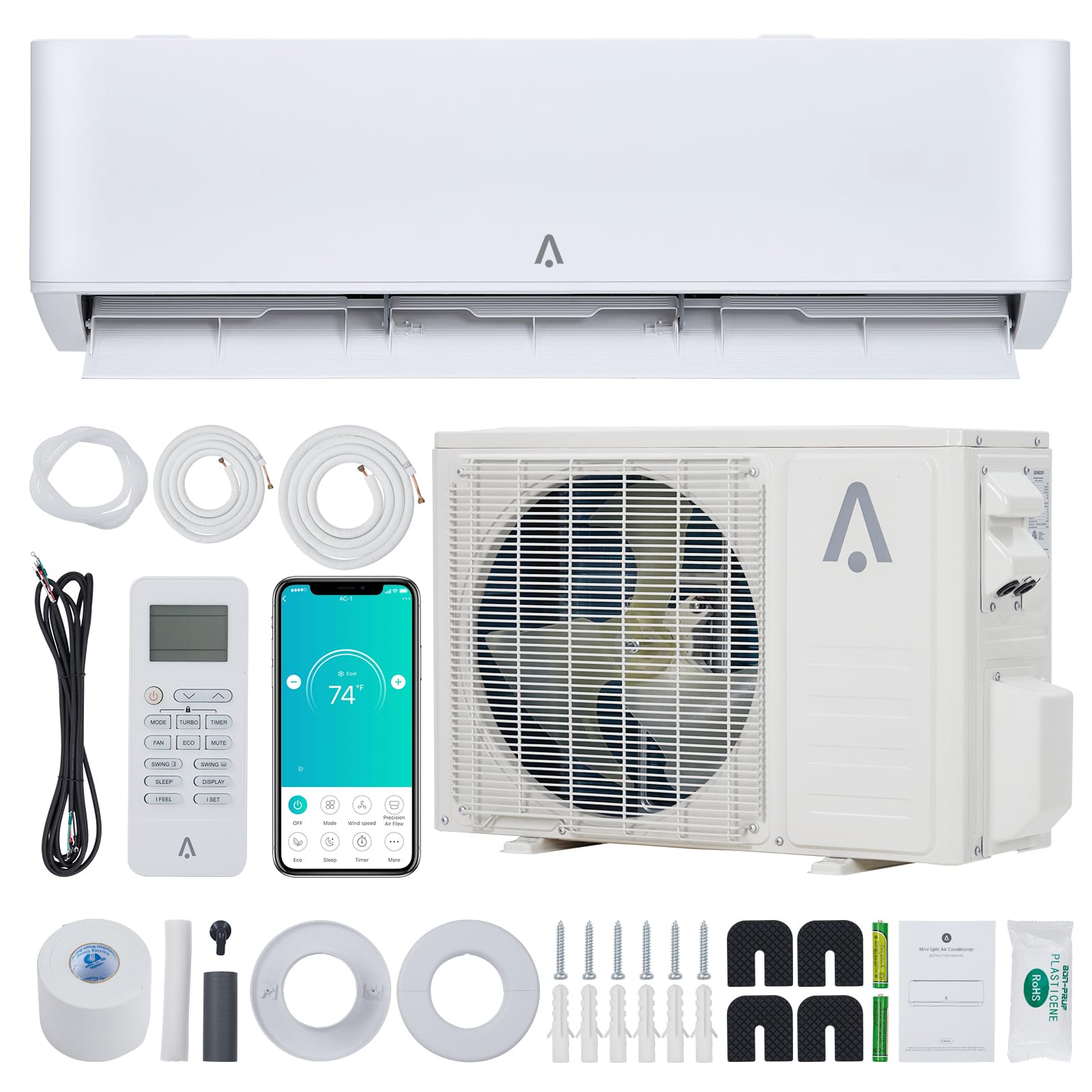 Photo 1 of Acekool 9000 BTU Smart Mini Split AC/Heating System 23 SEER2 Split Inverter Air Conditioner with Pre-Charged Heat Pump & Installation Kit, Cools Rooms up to 650 Sq. Ft, 115V