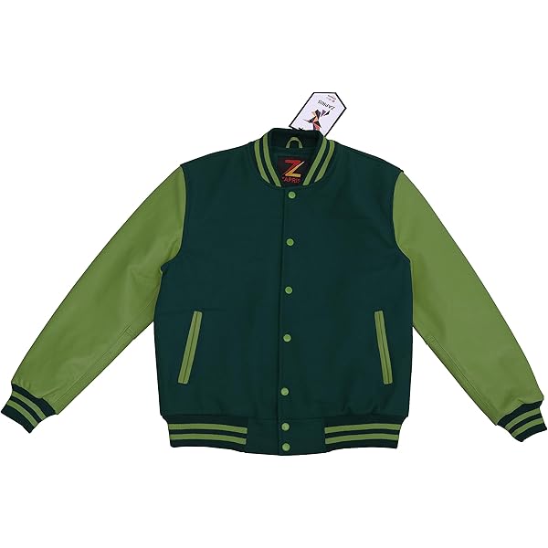 ZAPRIS Men's Varsity Jacket Dark Green Genuine Leather Sleeves