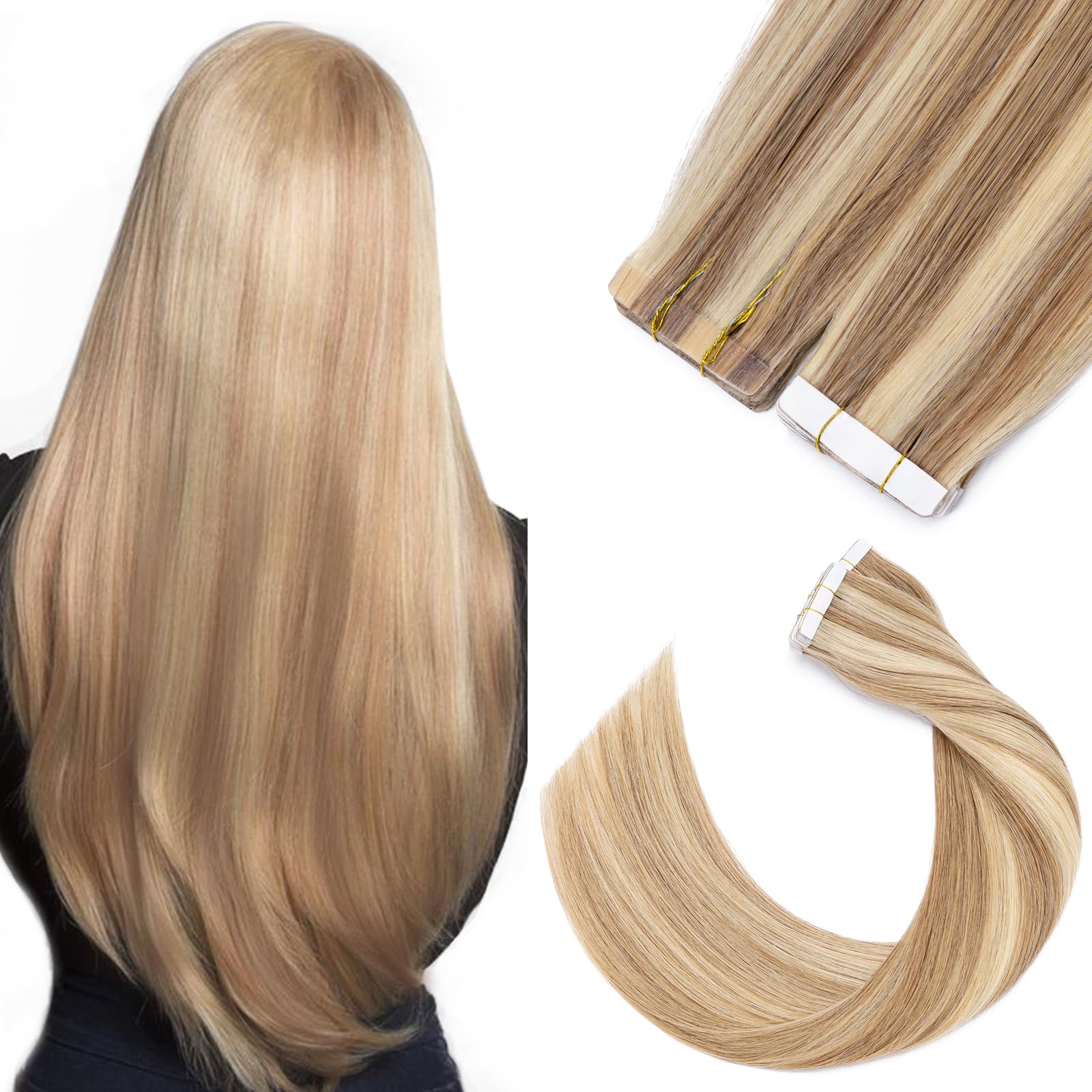 Tape in Hair Extensions 100% Human Hair 16inch Real Remy Human Hair 20pcs Skin Weft #12P613 Golden Brown&Bleach Blonde