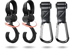ELECPHBO 4-Pack Stroller Hooks - 360° Rotating ABS & Leather + Aluminum Carabiner Hooks - Heavy Duty Double Stroller Organizer Hooks with Magic Strap for Diaper Bags, Groceries, Shopping Bags - Black