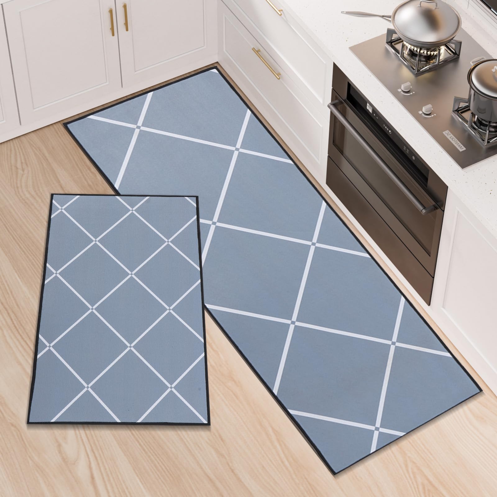 LY4U Kitchen Rug Set of 2, Washable Kitchen Floor Mats, Non-slip Runner, Absorbent Floor Mat for Entryway and Home Decoration Office, 50x80+50x150cm, Grey
