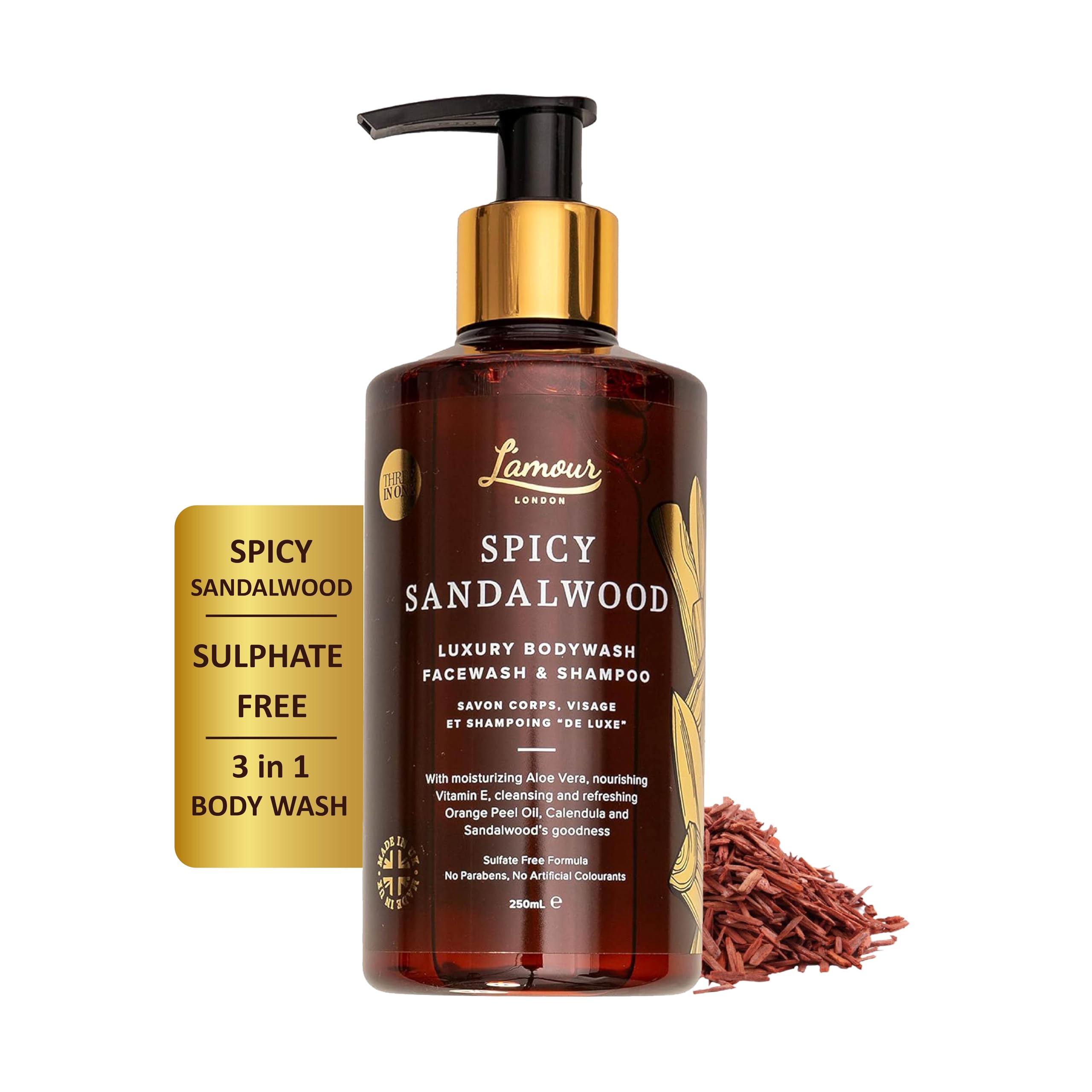 L'amour Natural | Spicy Sandalwood | Luxury Face Wash, Body Wash & Shampoo | Essential Oils | Sulphate Free | Gentle for dry and sensitive skin | 250mL