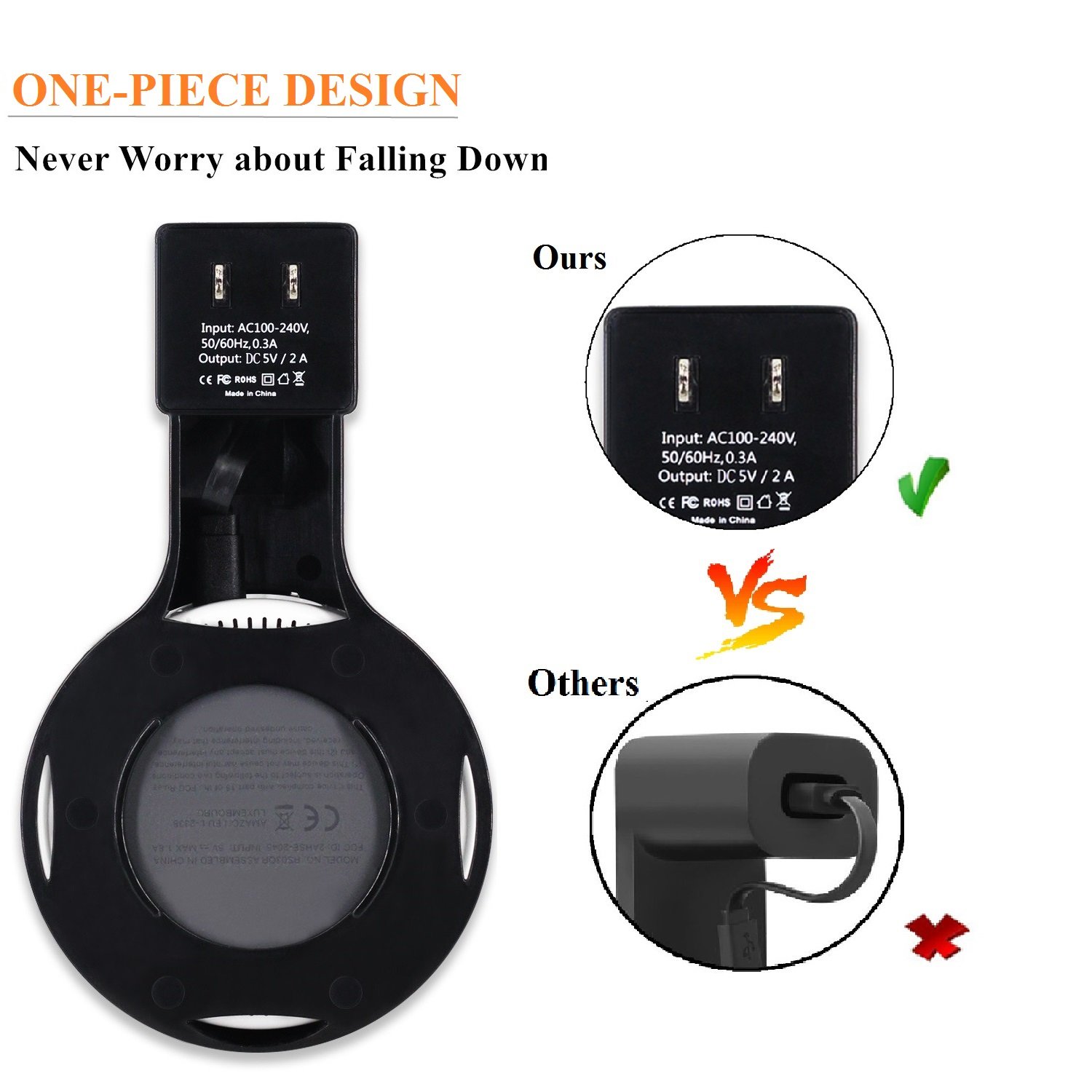 AOTINA Echo Dot 2 Wall Mount Outlet Wall Mount Hanger Holder Stand Plug in mount for Amazon Echo Dot 2nd Generation without Mess Wires Or Screws, Plug in Kitchens Bathroom Bedroom (Black)