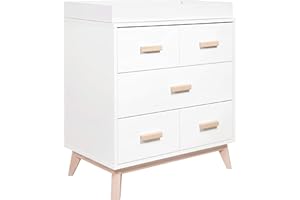 Babyletto Scoot 3-Drawer Changer Dresser with Removable Changing Tray in White and Washed Natural, Greenguard Gold Certified