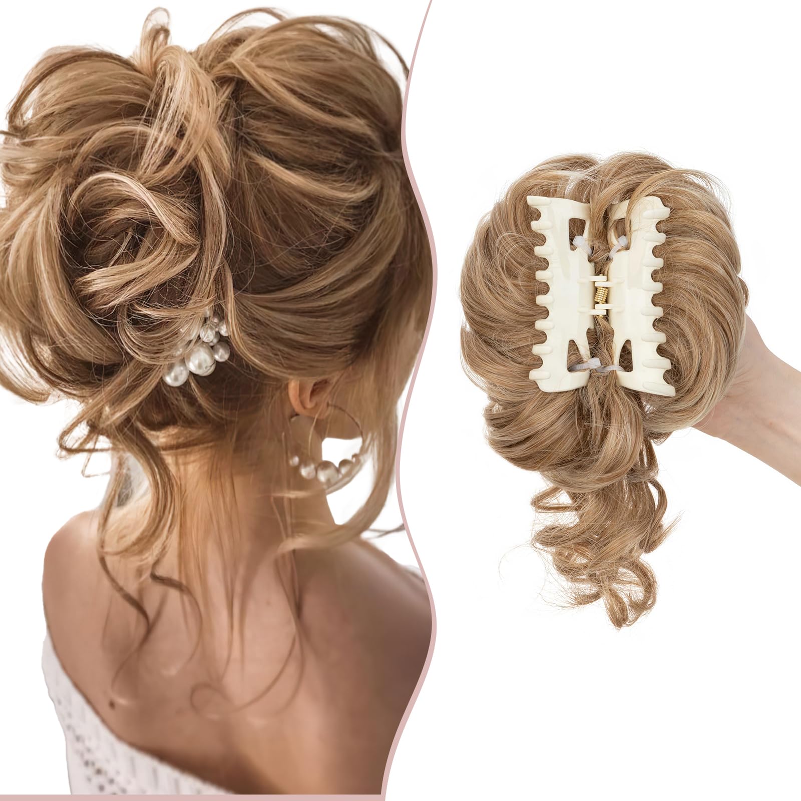 Claw Messy Bun Hairpieces Wavy Curly 75G Thick Hair Chignon Tousled Updo Doughnut Hair Bun Synthetic Ponytail, Coffee Brown & Bleach Blonde — image 1