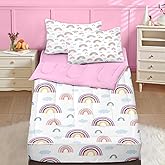 Nesker Full Zipper Bedding, Rainbow Zipper Bedding Sets for Girls, 3pcs All in on one, Pink Kids Comforter Set with Fitted Sheet and 2 Pillowcases