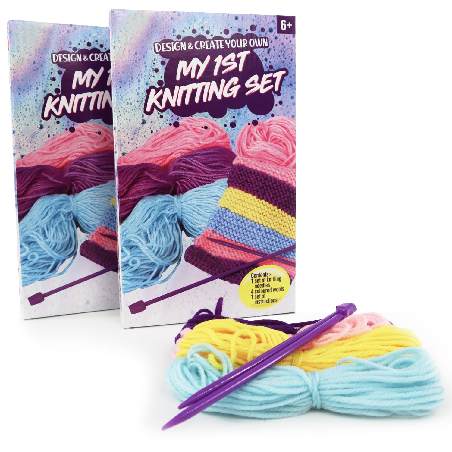 D.A.Y. Republic My 1st Knitting Set, Design and Create Your Own, Perfect for Beginners and Children, Kit Includes Instructions, Coloured Wool and Needles (2 Pack)