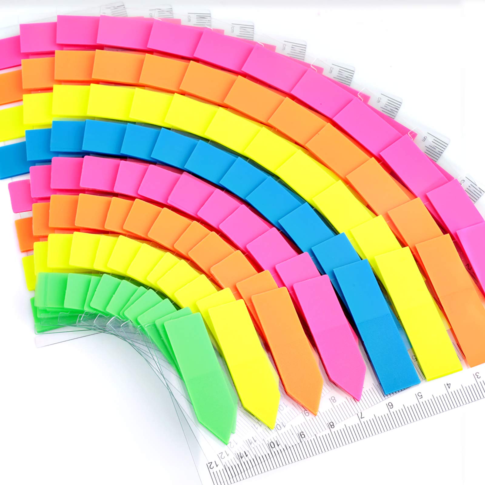 FANDAMEI 12 Pack Neon Index Flags - 1920 pcs Multicolour Index Tab Sticky Page Markers, Rectangle & Arrow Coloured Tabs, Translucent Sticker Tabs Note Flags with 12 cm Ruler for Book as Reading Label